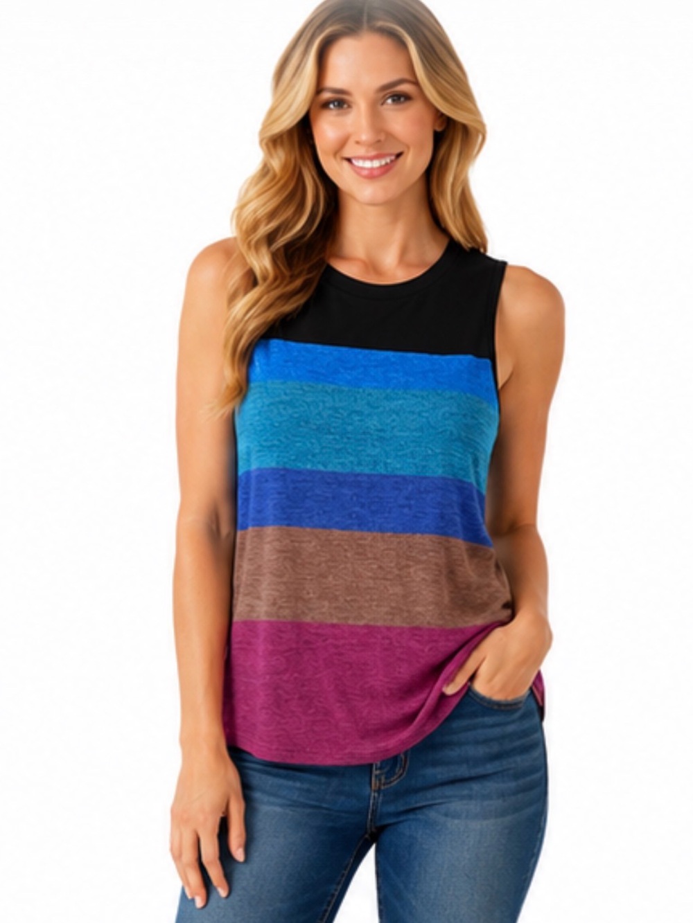 Sleeveless Striped Tank Top in Black and Multi